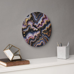 Grande Horloge Ronde Motif en marbre noir violet violet violet or chic
