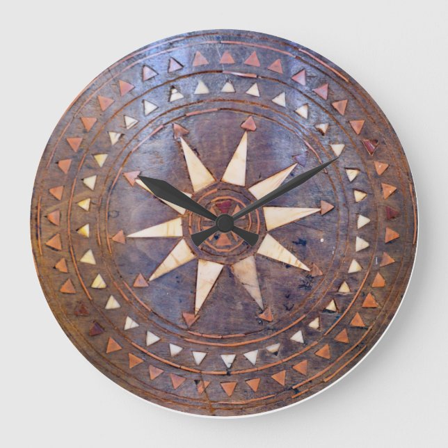 Grande Horloge Ronde motif ethnique en bois du soleil de symbole du (Recto)