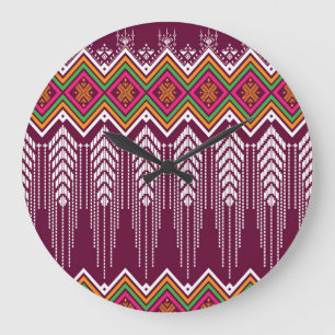 Grande Horloge Ronde Motif ethnique géométrique traditionnel
