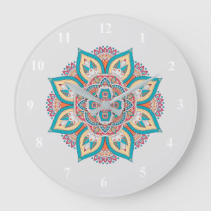 Grande Horloge Ronde Motif ethnique marocain coloré Mandala