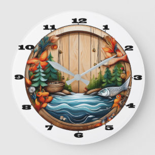 Grande Horloge Ronde Motif extérieur et pêche sur bois