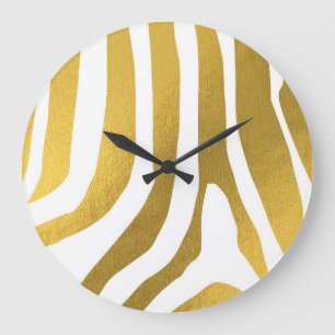 Grande Horloge Ronde Motif Faux Gold Zebra Print Stripes