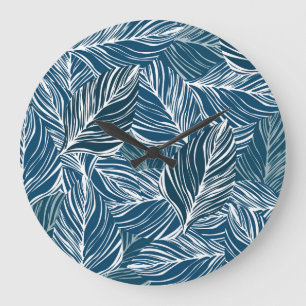 Grande Horloge Ronde Motif Feuille bleue : Papier peint Vintage.