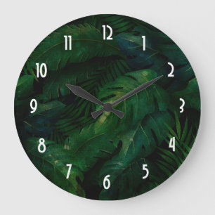 Grande Horloge Ronde Motif Feuille de Dark Green Tropical