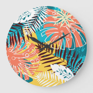 Grande Horloge Ronde Motif feuille de la jungle tropicale colorée.
