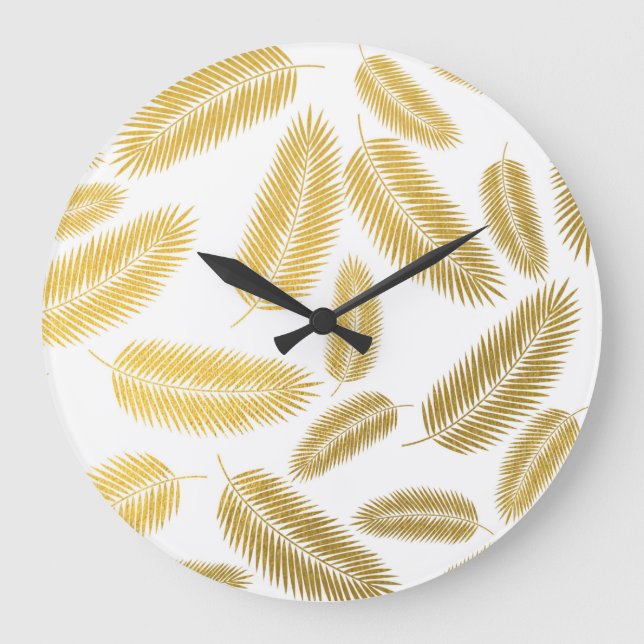 Grande Horloge Ronde Motif Feuille Faux Gold Palm (Recto)