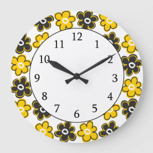 Grande Horloge Ronde Motif Fleurs Rétro Jaunes Et Noirs