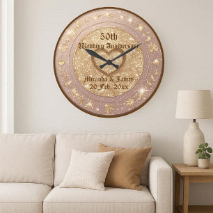 Grande Horloge Ronde Motif floral à paillettes dorées 50e anniversaire 