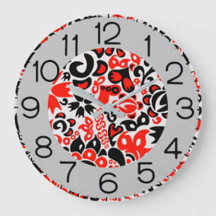 Grande Horloge Ronde motif floral abstrait d'art populaire ethnique ukr