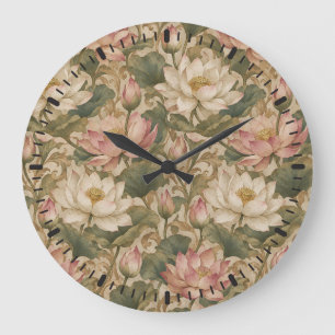 Grande Horloge Ronde Motif floral botanique de lotus aquatique vintage