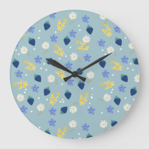 Grande Horloge Ronde Motif floral de fleurs sauvages et de mûres