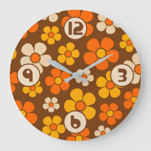 Grande Horloge Ronde Motif floral de style rétro des années 1960