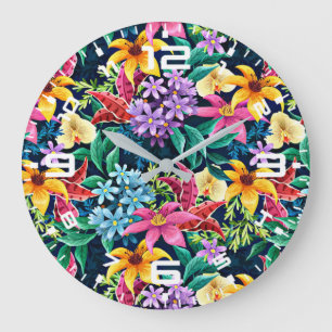 Grande Horloge Ronde Motif floral exotique peint à la main-23001
