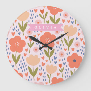 Grande Horloge Ronde Motif floral folklorique mignon nordique rose pers