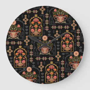 Grande Horloge Ronde Motif Floral Mughal : Noir Sans Couleur.