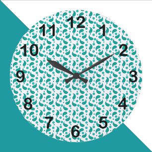 Grande Horloge Ronde Motif floral paisley sarcelle et bleu avec chiffre