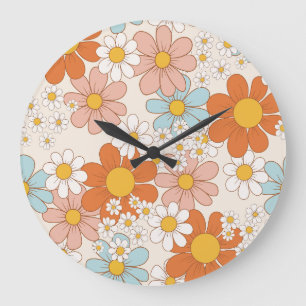 Grande Horloge Ronde Motif floral rétro groovy sans couture de margueri