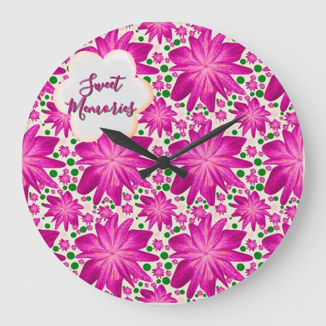 Grande Horloge Ronde Motif floral sans couture rose vif personnalisé  (Recto)