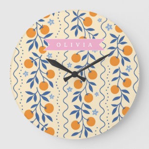 Grande Horloge Ronde Motif folklorique de citrus rétro mignon personnal