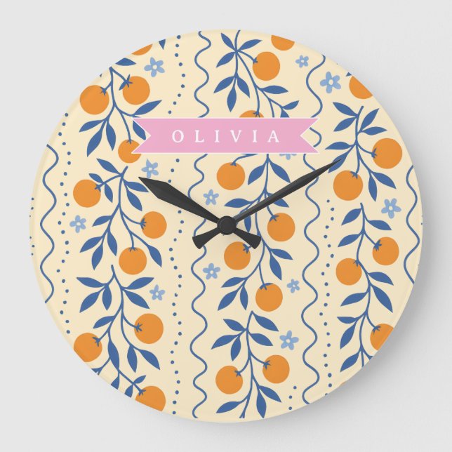 Grande Horloge Ronde Motif folklorique de citrus rétro mignon personnal (Recto)
