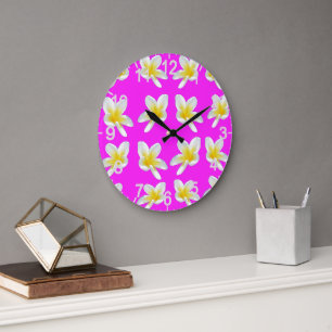 Grande Horloge Ronde Motif Frangipani Rose Chaud Et Jaune,