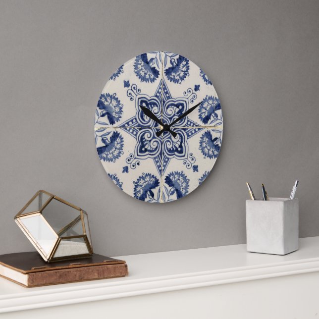 Grande Horloge Ronde Motif géométrique bleu vintage (Bureau)