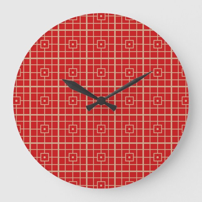 Grande Horloge Ronde Motif géométrique chinois traditionnel rouge et or (Recto)