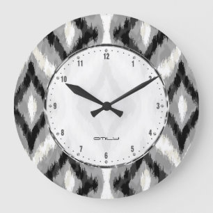 Grande Horloge Ronde Motif Géométrique Noir Blanc Et Gris Ikat