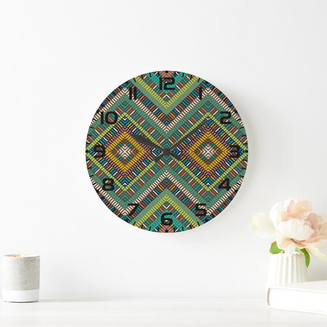 Grande Horloge Ronde Motif géométrique tribal Boho Ethnic Aztec (Créateur téléchargé)