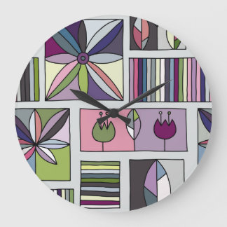 Grande Horloge Ronde motif géométrique vintage, coloré et dessiné à la
