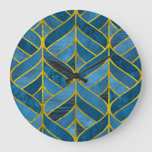 Grande Horloge Ronde Motif Gold Blue Grunge
