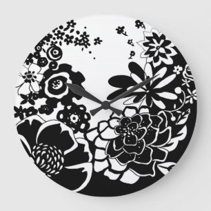 Grande Horloge Ronde Motif graphique de jardin floral noir et blanc