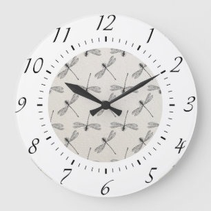 Grande Horloge Ronde Motif gris de libellule