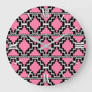 Grande Horloge Ronde Motif Ikat Aztec - Fuchsia rose, noir et blanc
