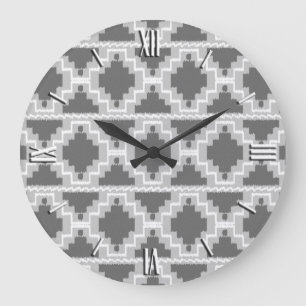 Grande Horloge Ronde Motif Ikat Aztec - gris foncé et clair / gris