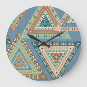Grande Horloge Ronde Motif indien tribal   bleu extérieur de Geo X