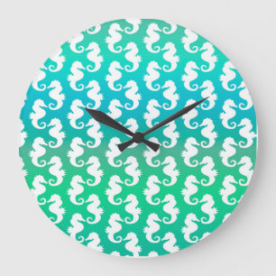 Grande Horloge Ronde Motif joli hippocampe sur bleu vert