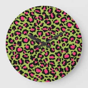 Grande Horloge Ronde Motif léopard en framboise sur fond vert citron