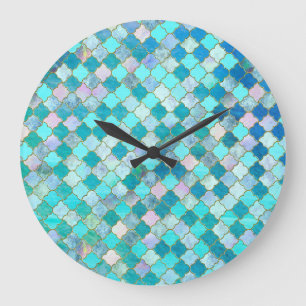 Grande Horloge Ronde Motif marocain oriental de tuile d'or turquoise
