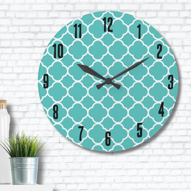 Grande Horloge Ronde Motif marocain Turquoise classique (Stylish Cute Teal Turquoise Moroccan Print Pattern Large Clock)