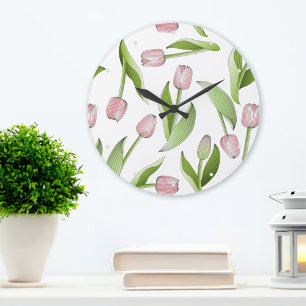 Grande Horloge Ronde Motif moderne à fleurs de tulipe rose