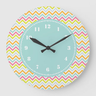 Grande Horloge Ronde Motif moderne Chevron Girly Rainbow