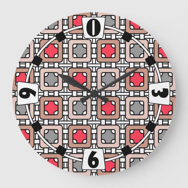 Grande Horloge Ronde motif moderne géométrique art déco gris rouge, bei (Recto)