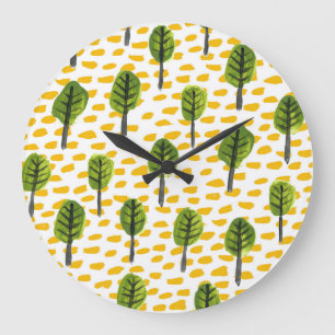 Grande Horloge Ronde Motif Naïve Green Black Tree