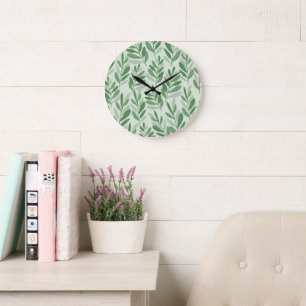 Grande Horloge Ronde Motif Naturel Élégant Sauge & Feuille d'Olivier