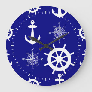 Grande Horloge Ronde Motif nautique bleu marine