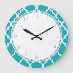 Grande Horloge Ronde Motif Peacock Turquoise Quatrefoil