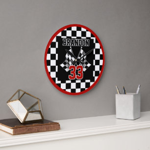 Grande Horloge Ronde Motif personnalisé de drapeau à carreaux noir et b