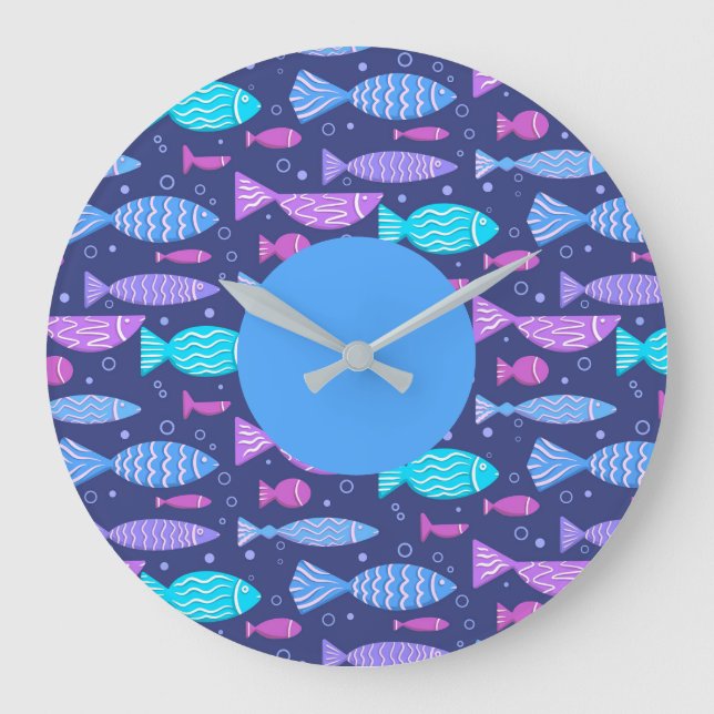 Grande Horloge Ronde Motif plat en boho sans couture avec des poissons  (Recto)
