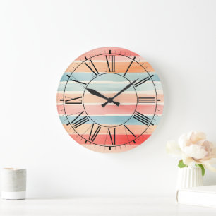 Grande Horloge Ronde Motif rayé coloré aux couleurs vives aquarelle